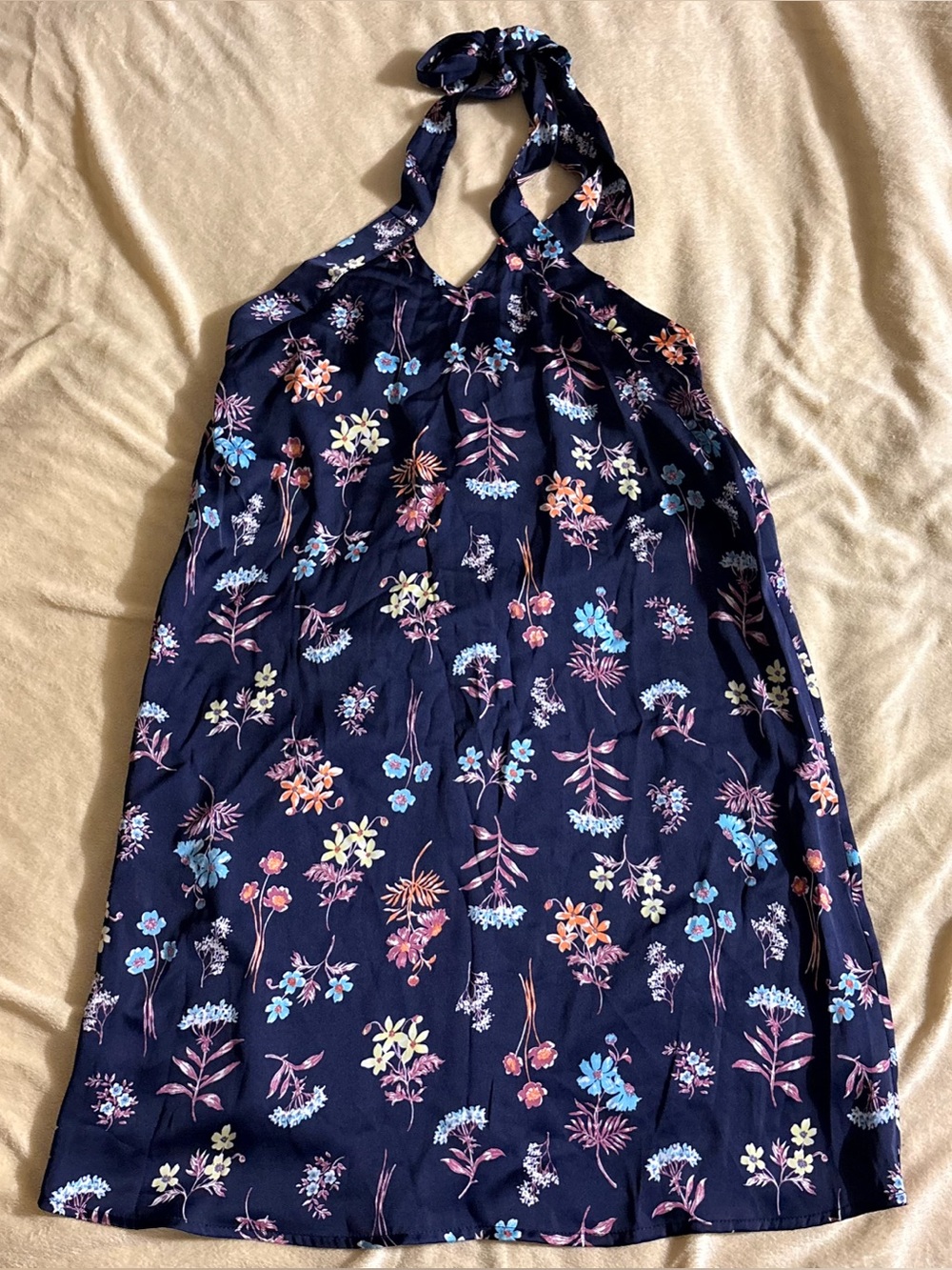 Everly Navy Blue Floral Tie Halter Dress Size Small Lined Flowy Mini Dress EUC